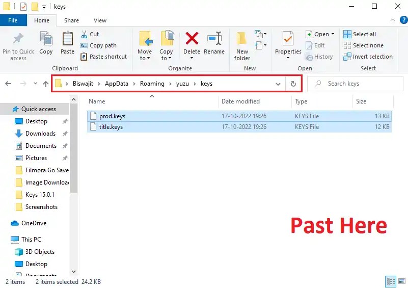 Paste both the copied keys file into the Yuzu Keys folder.